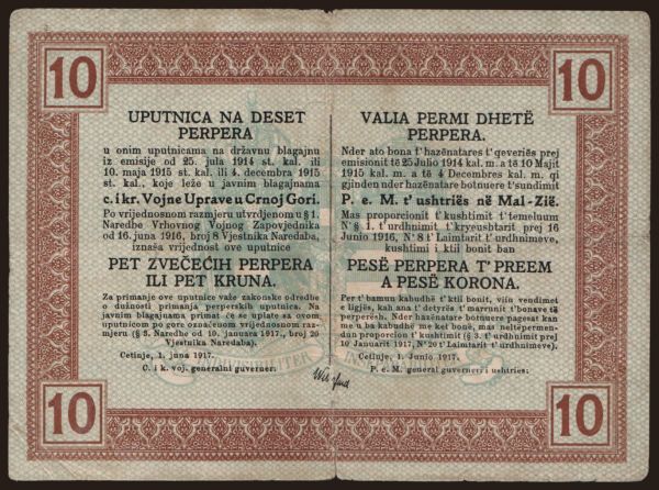 Európa, Montenegro: 10 perper, 1917