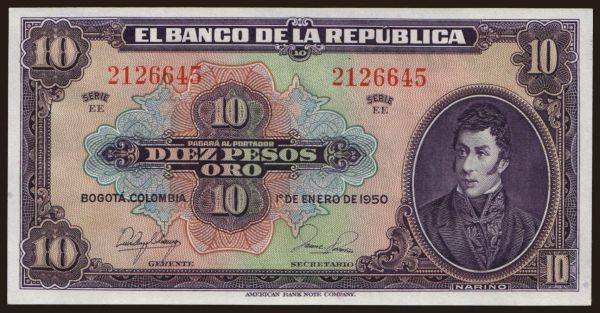 Amerika, Kolumbia: 10 pesos, 1950