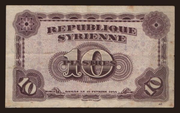 Asia, Syria: 10 piastres, 1944