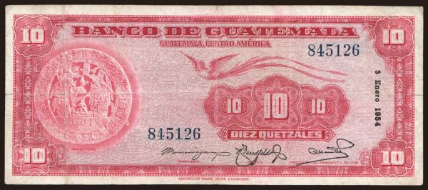 Amerika, Guatemala: 10 quetzales, 1954