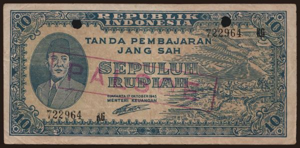 Asia, Indonesia: 10 rupiah, 1945, falsum