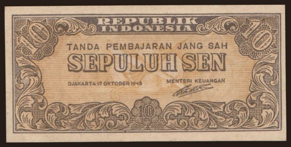 Asia, Indonesia: 10 sen, 1945