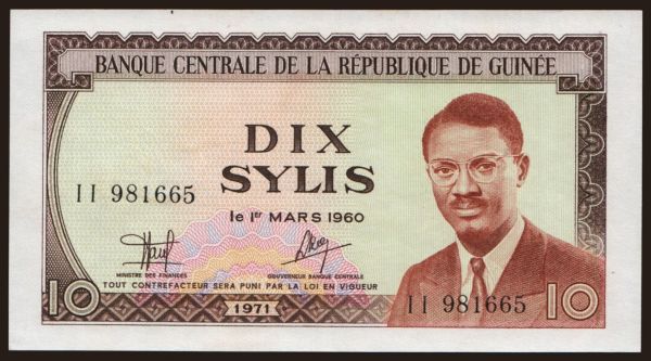 Afrika, Guinea: 10 sylis, 1971