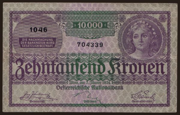 Ausztria és Osztrák-Magyar Monarchia, Kronen (1919-1925): 10.000 Kronen, 1924