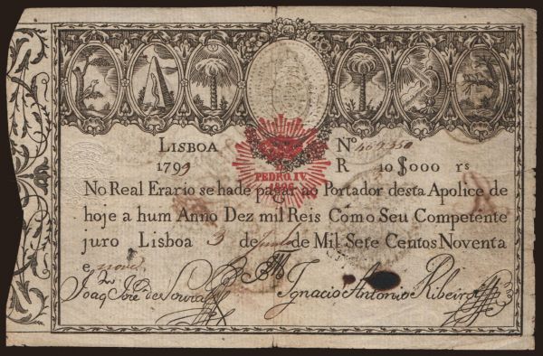 Európa, Portugália, Portugália - Állami kiadás: 10.000 reis, 1799(1826)