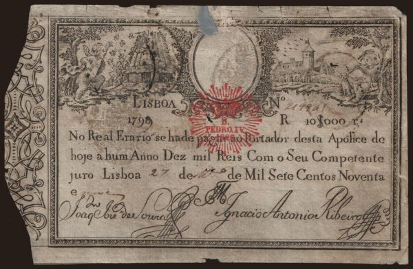 Európa, Portugalsko, Portugalsko - Štátna emisia: 10.000 reis, 1799(1826)