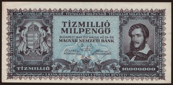 Hungary, Pengő, 1945-1946: 10.000.000 milpengő, 1946