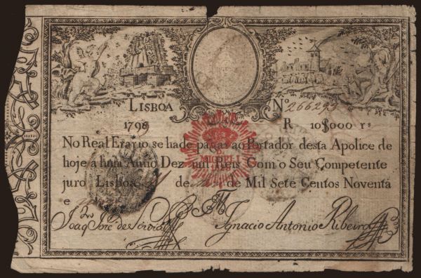 Európa, Portugalsko, Portugalsko - Štátna emisia: 10.0000 reis, 1799(1828)