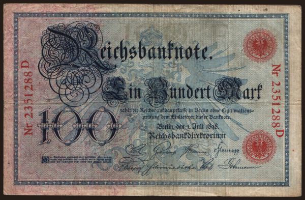 Németország, Reichsbanknoten (1874-1914): 100 Mark, 1898