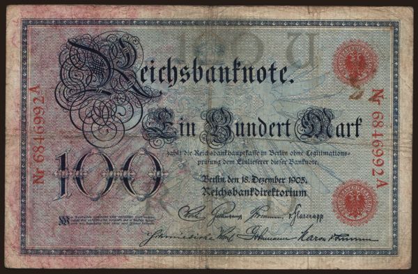 Németország, Reichsbanknoten (1874-1914): 100 Mark, 1905