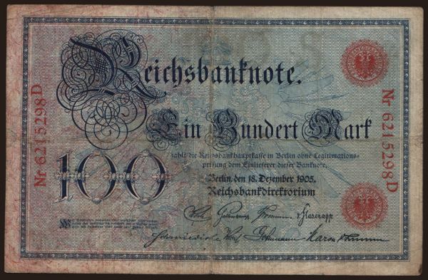 Germany, Reichsbanknoten (1874-1914): 100 Mark, 1905