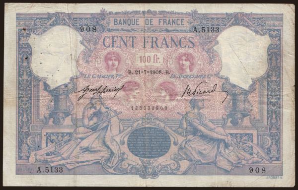 Európa, Francúzsko, Francúzsko - Štátna emisia -1959: 100 francs, 1908