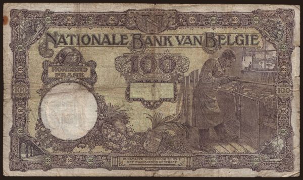 Europe, Belgium, Belgium - State issues: 100 francs, 1926