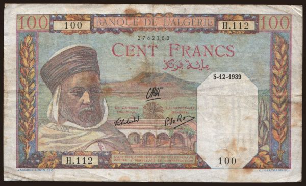 Afrika, Algéria: 100 francs, 1939