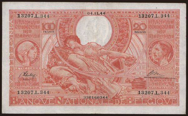 Európa, Belgicko, Belgicko - Štátne vydania: 100 francs, 1944