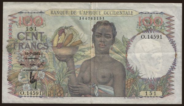 Afrika, Francúzska Západná Afrika: 100 francs, 1952