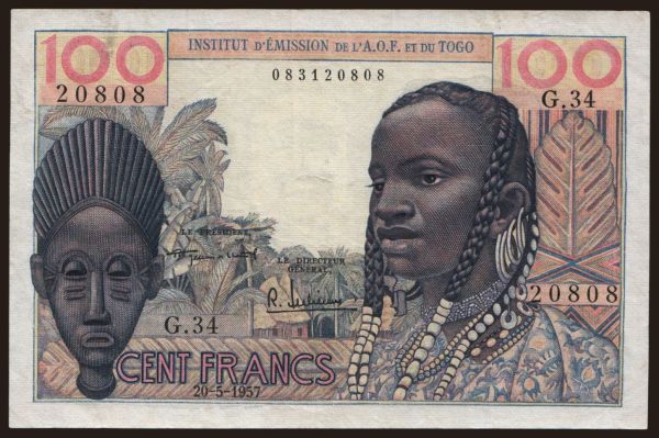 Africa, French West Africa: 100 francs, 1957