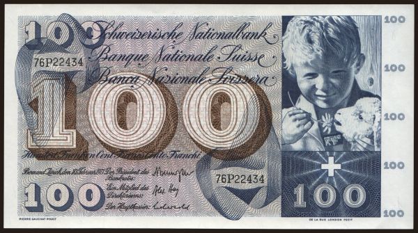 Európa, Švajčiarsko: 100 francs, 1961