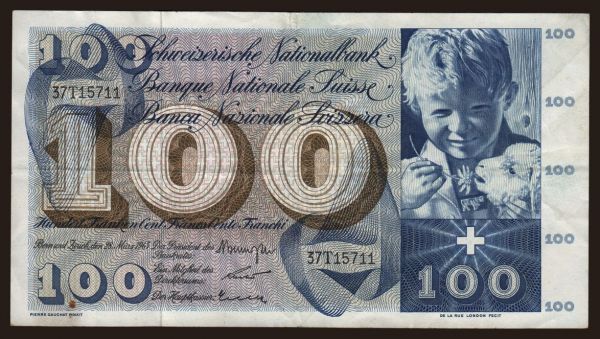 Európa, Švajčiarsko: 100 francs, 1963