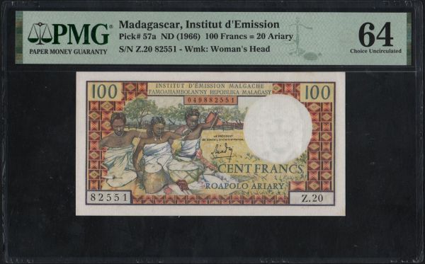 Africa, Madagascar: 100 francs, 1966