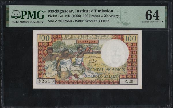 Afrika, Madagaskar: 100 francs, 1966