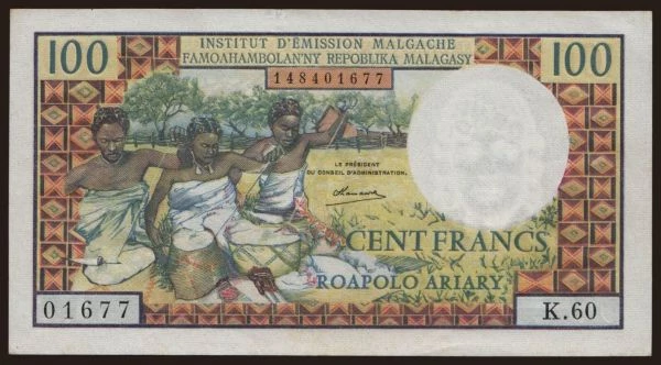 Africa, Madagascar: 100 francs, 1966