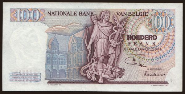 Európa, Belgium, Belgium - Állami kiadások: 100 francs, 1974