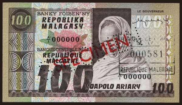 Afrika, Madagaskar: 100 francs, 1974, SPECIMEN