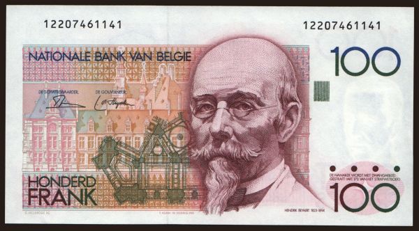 Európa, Belgium, Belgium - Állami kiadások: 100 francs, 1982