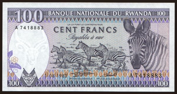 Afrika, Rwanda: 100 francs, 1982