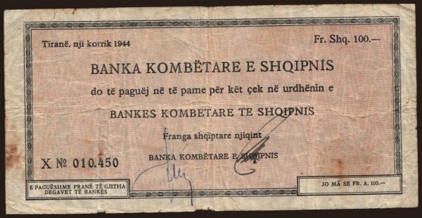 Europe, Albania: 100 franga, 1944