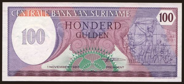 America, Suriname: 100 gulden, 1985