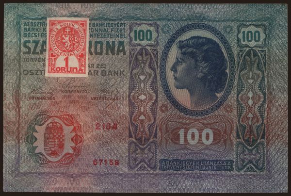 Csehszlovákia és utódállamai, Bélyegzett osztrák-magyar bankjegyek: 100 korun, 1912(19)