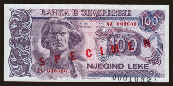 Európa, Albánsko: 100 leke, 1993, SPECIMEN