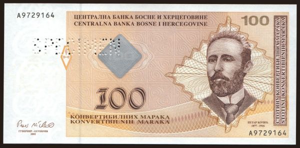 Európa, Bosnia-Hercegovina: 100 maraka, 1998, SPECIMEN