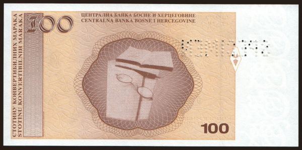 Európa, Bosnia-Hercegovina: 100 maraka, 1998, SPECIMEN