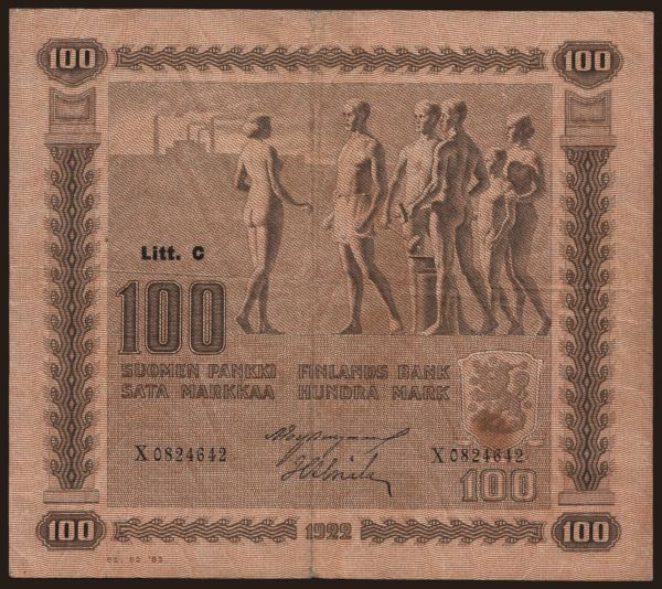 Europe, Finland: 100 markkaa, 1922, Litt. C