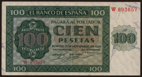 Európa, Španielsko, Španielsko - Štátna emisia: 100 pesetas, 1936