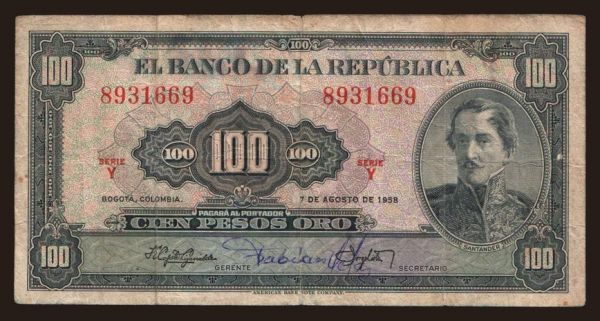 America, Colombia: 100 pesos, 1958