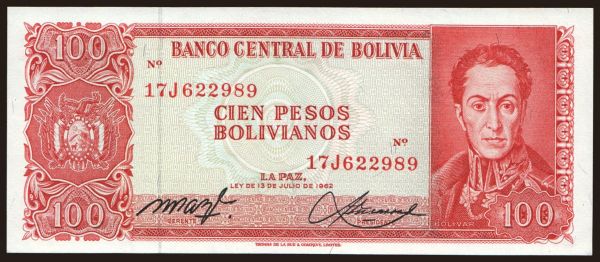 America, Bolivia: 100 pesos, 1962