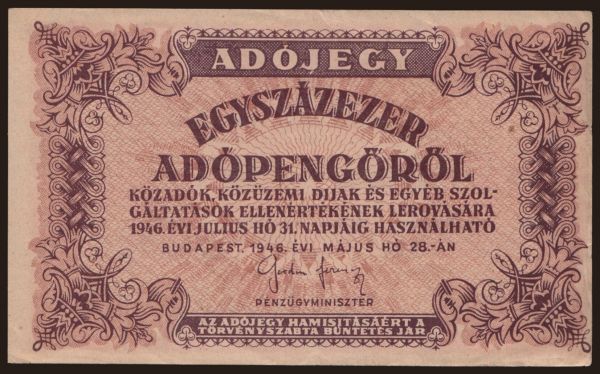 Hungary, Adópengő, 1946: 100.000 adópengő, 1946