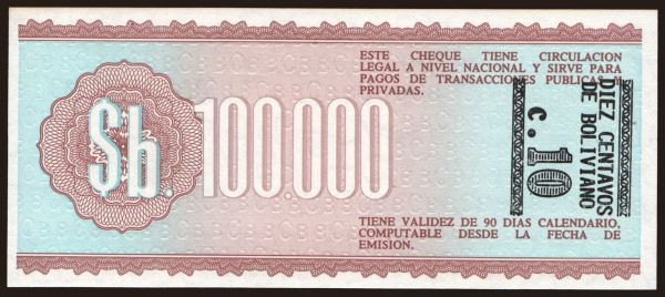 America, Bolivia: 100.000 pesos / 10 centavos, 1987