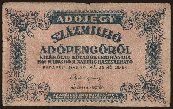 Magyarország, Adópengő, 1946: 100.000.000 adópengő, 1946