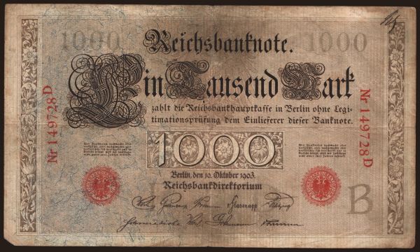 Nemecko, Reichsbanknoten (1874-1914): 1000 Mark, 1903