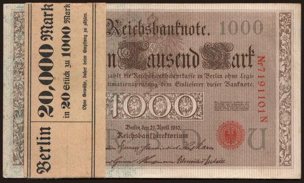 Nemecko, Reichsbanknoten (1874-1914): 1000 Mark, 1910, (20x)