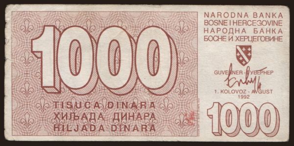 Európa, Bosnia-Hercegovina: 1000 dinara, 1992