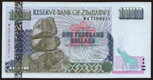 Afrika, Zimbabwe: 1000 dollars, 2003