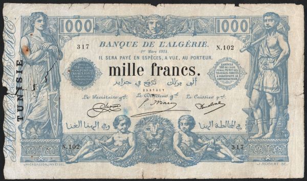 Africa, Tunesia: 1000 francs, 1924