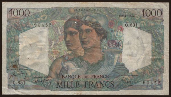 Europe, France, France - General issues 1960-: 1000 francs, 1950