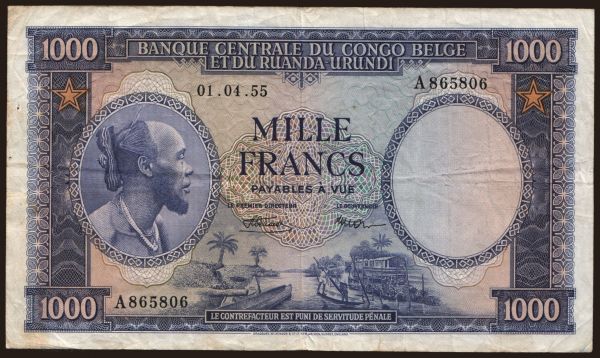 Afrika, Belgické Kongo: 1000 francs, 1955